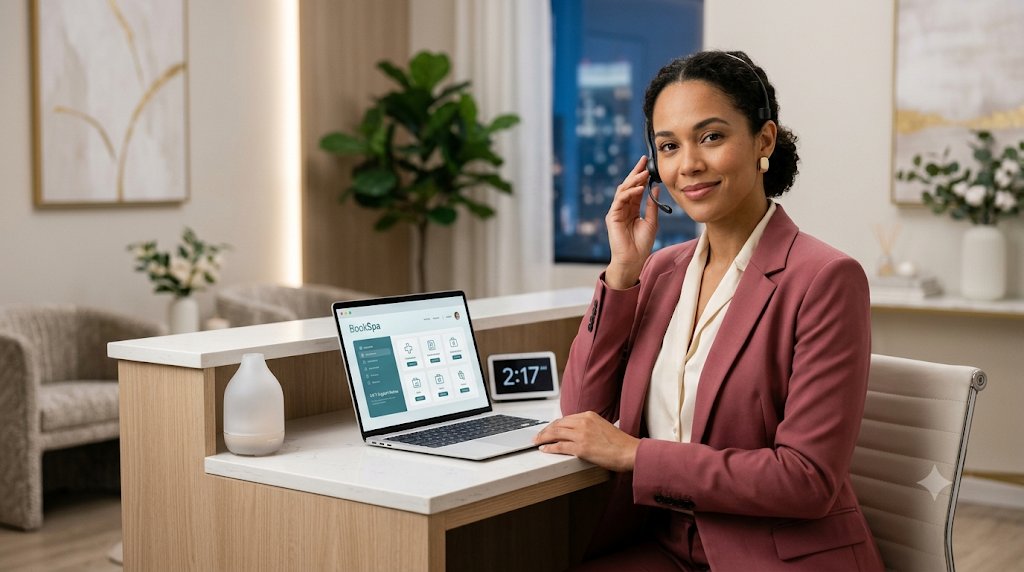 BookSpa AI Sage receptionist answering med-spa calls at front desk